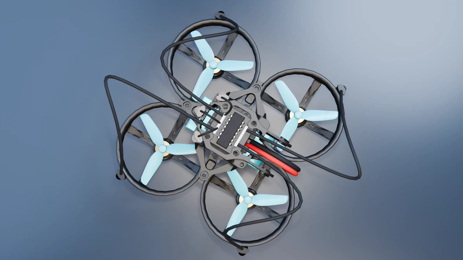 Overhead Blender render of the drone propeller guards and central flight-control frame