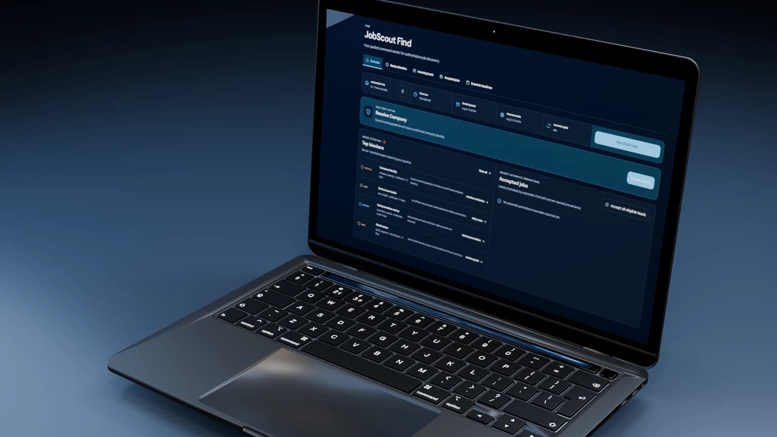 Alternate Blender render of the open MacBook Pro and sanitized JobScout dashboard