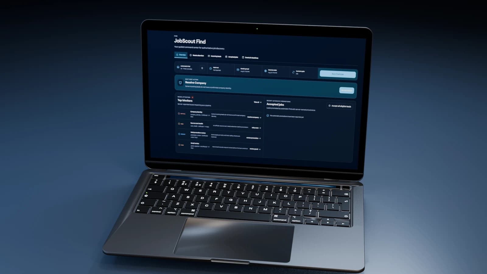 Blender studio render of an open MacBook Pro showing the sanitized JobScout interface