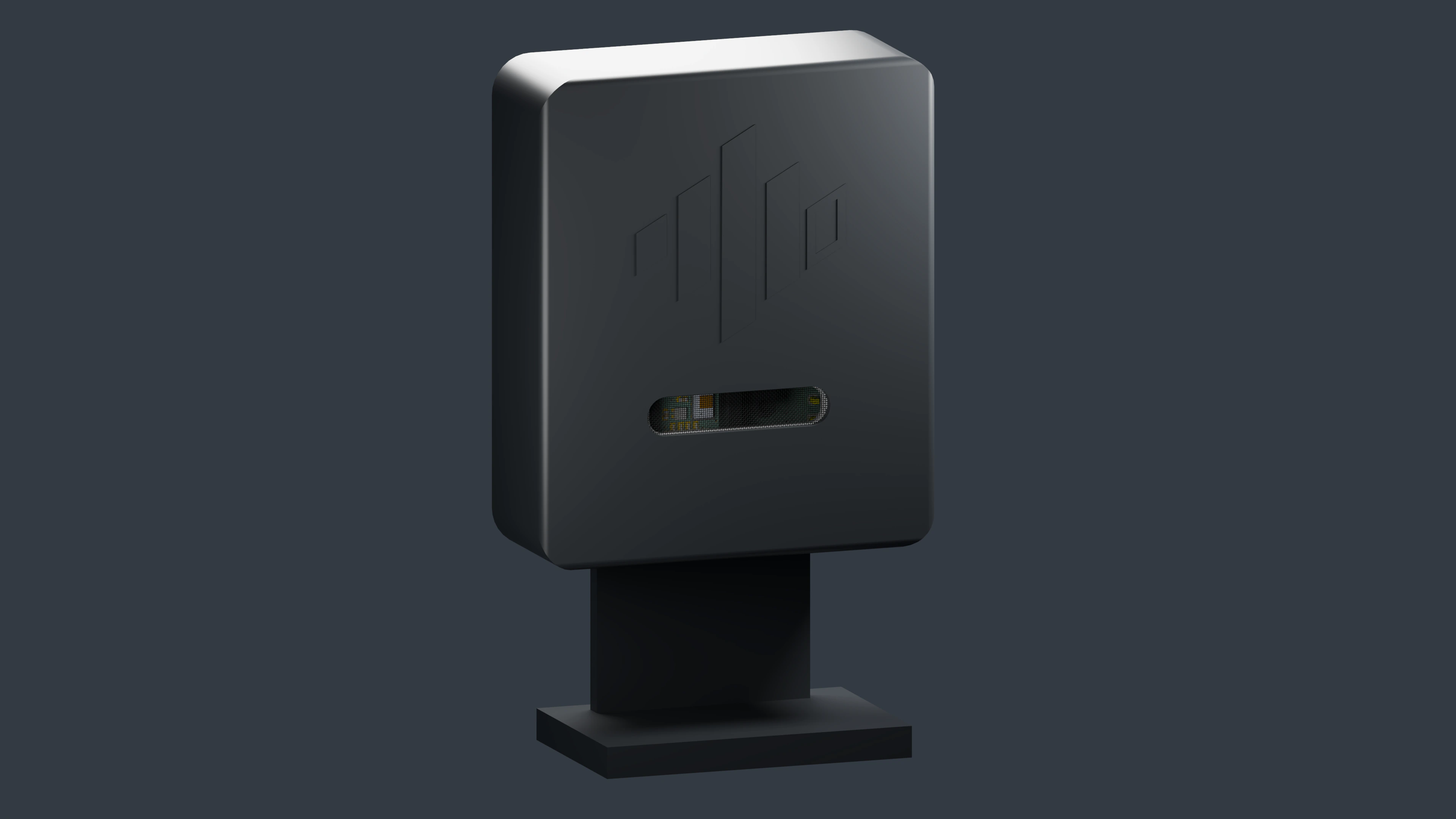 CAD render of the Pulse black assembled enclosure with woven grille and stand