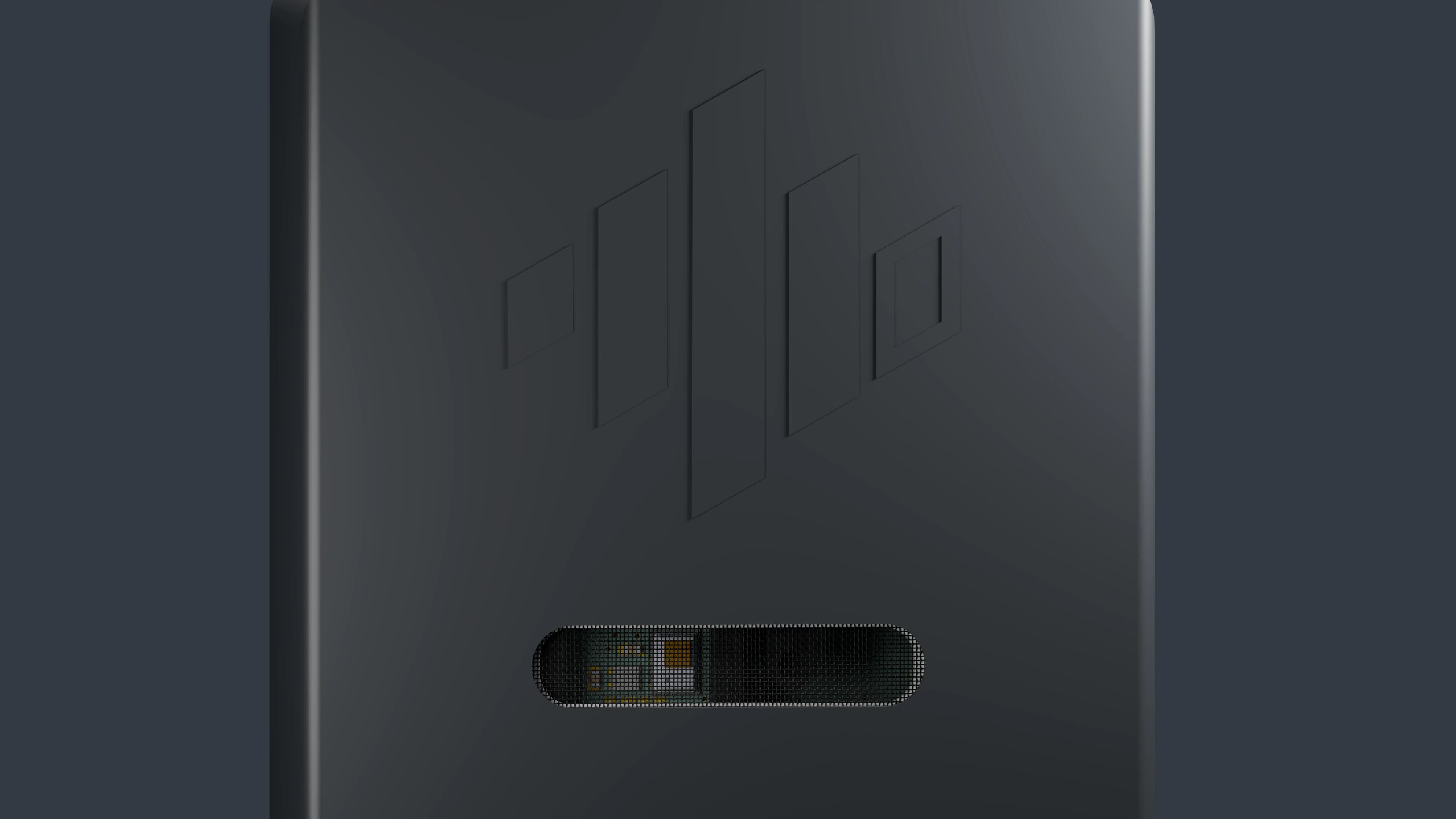 CAD render of the Pulse woven grille and logo detail on the black enclosure