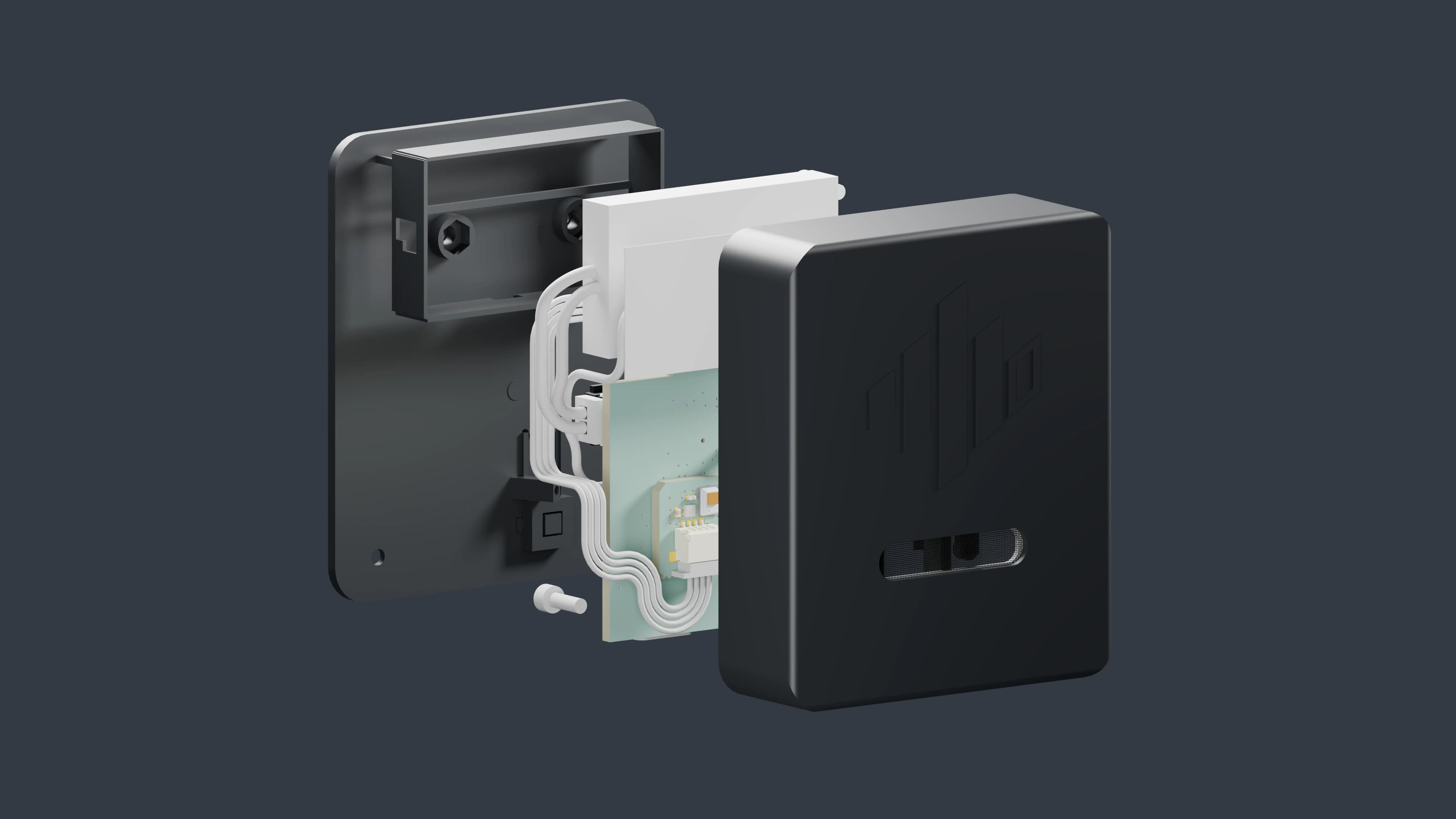 CAD render of the Pulse black prototype exploded view showing enclosure and internal parts
