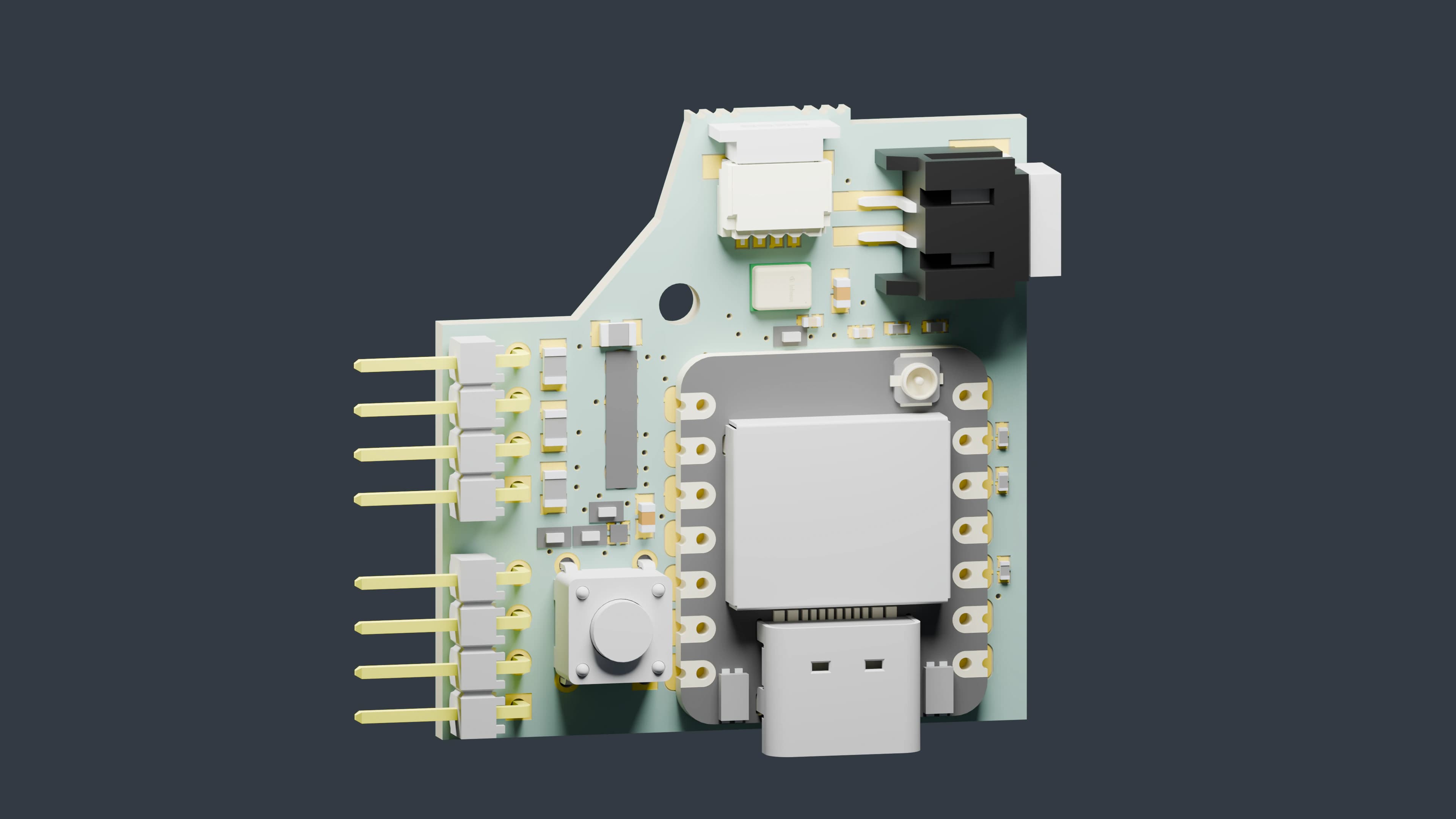 CAD render of the Pulse prototype PCB and embedded sensing electronics close-up
