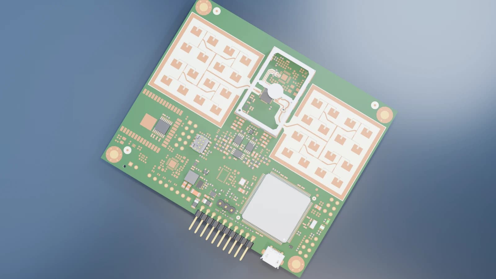 Overhead Blender render of the OPS243 antenna array and evaluation PCB