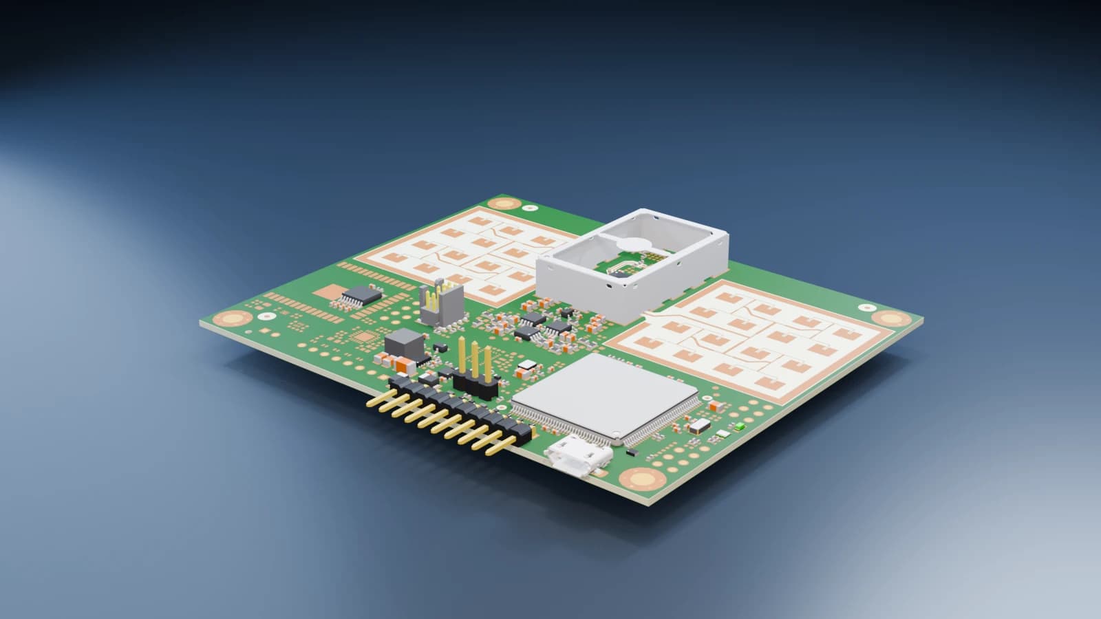 Blender studio render of the OPS243 radar evaluation board in a three-quarter view
