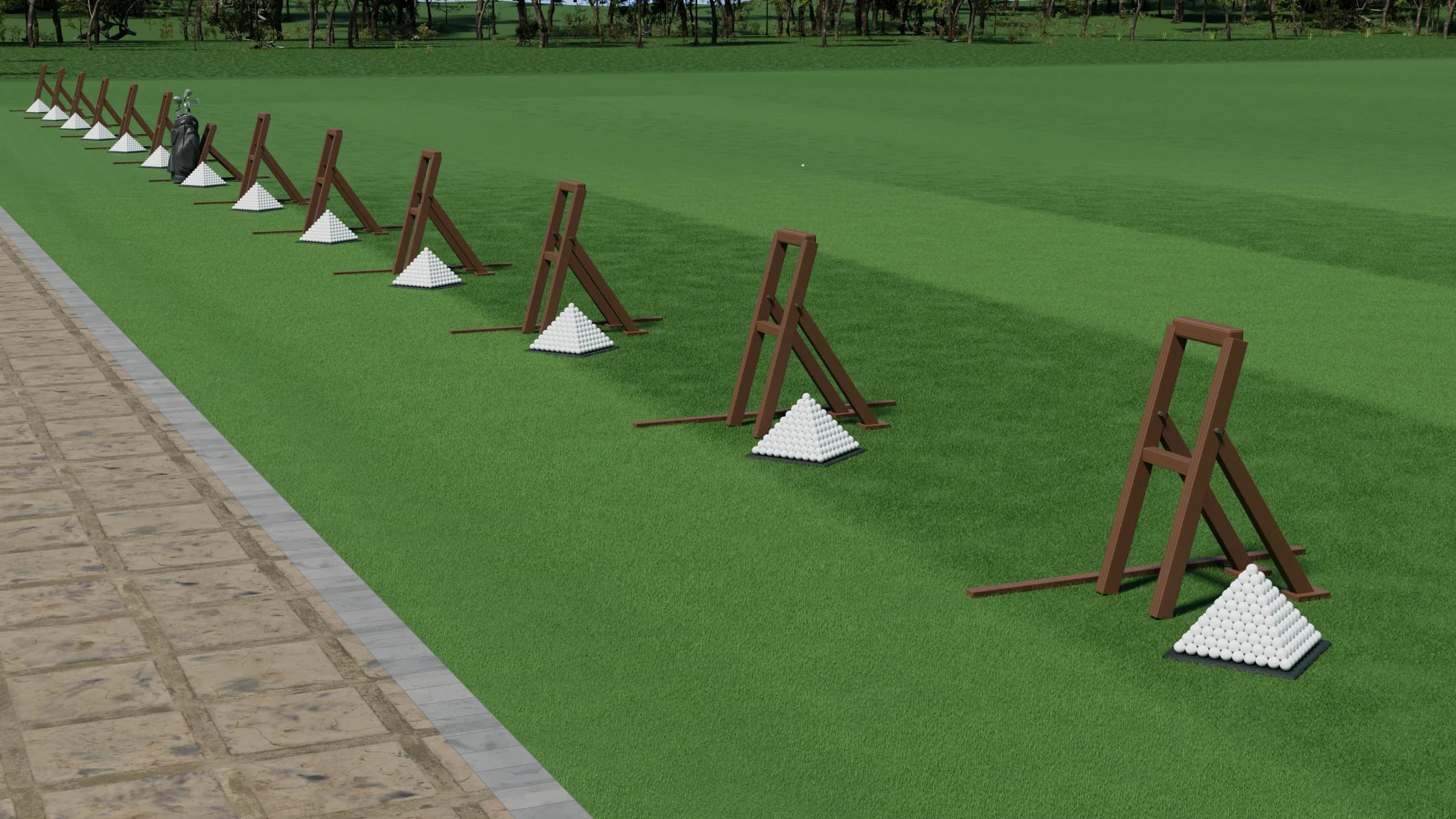 Ground-level Blender render of ball racks arranged at tee stations across a golf practice range