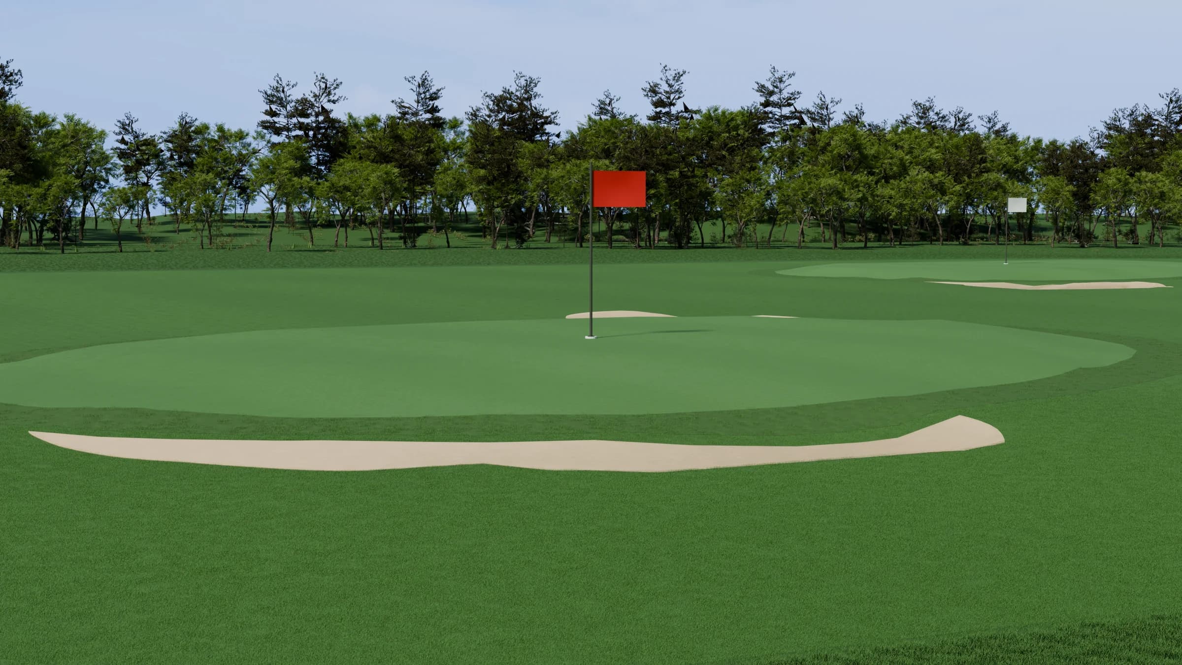 Blender render of a red target flag, putting green, and sand bunker
