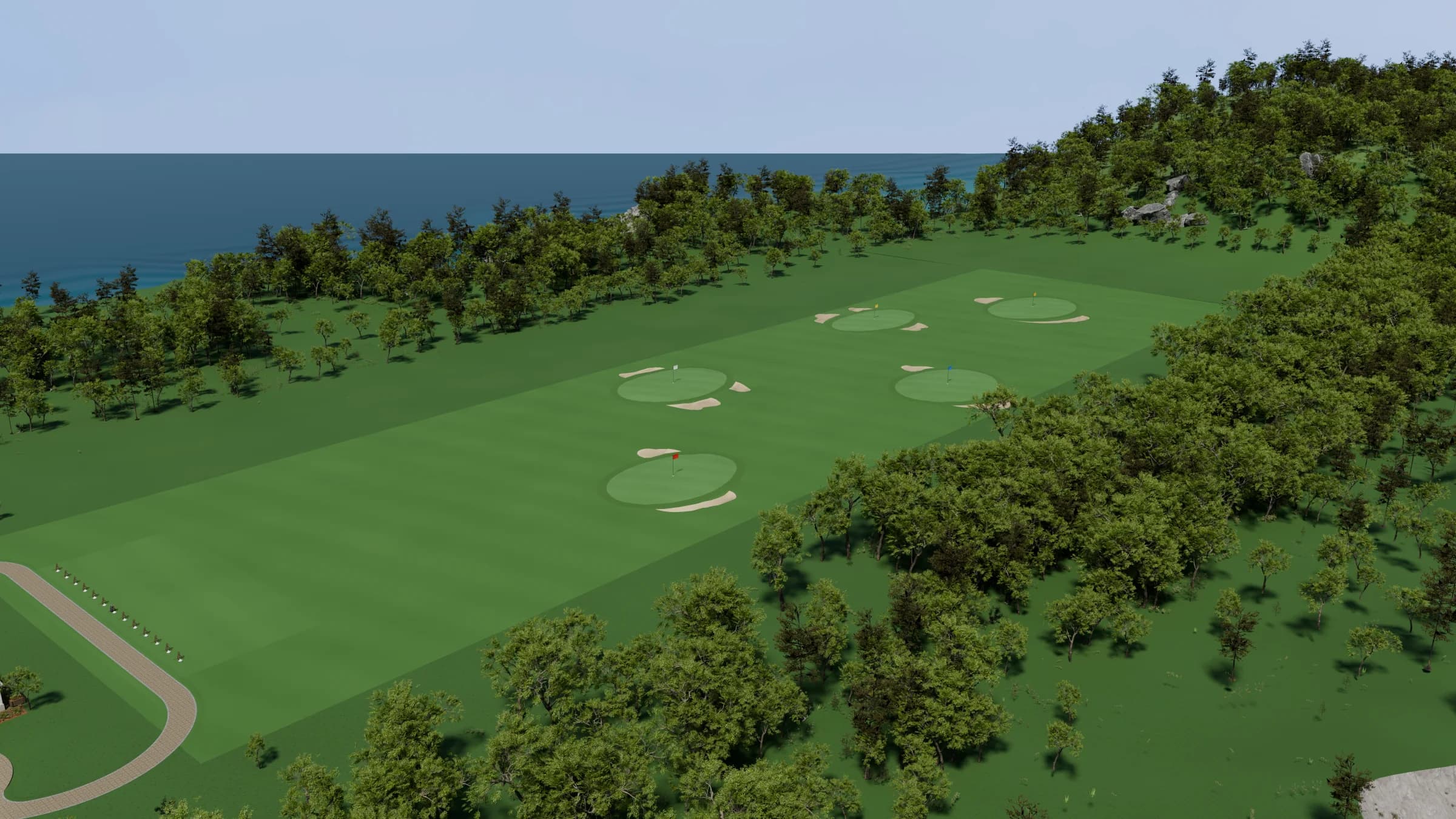 Wide Blender render of a golf range with multiple target greens beside the coast