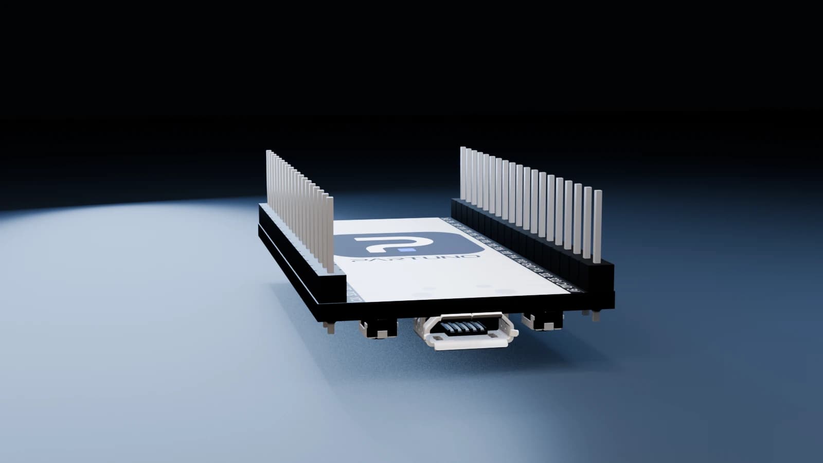 Illustrative low-angle Blender render of a representative board end and header pins for Partuno