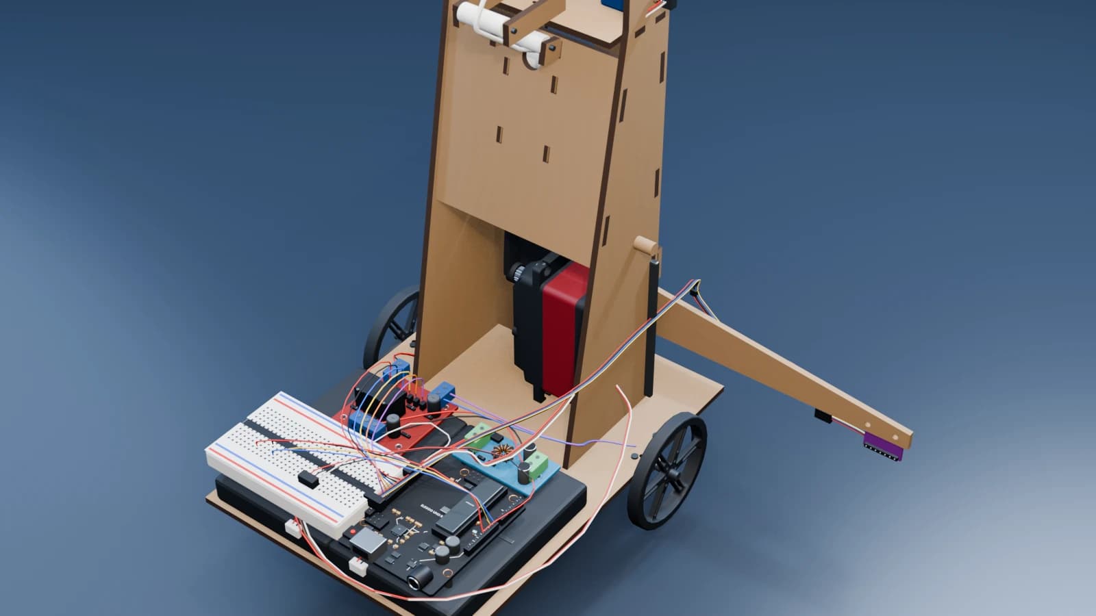 Close-up Blender render of the mechatronics robot’s breadboard, controller PCB, and exposed wiring